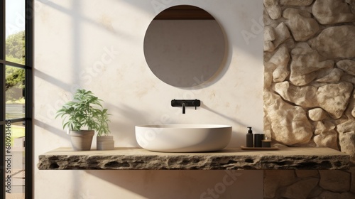 Minimalistic bathroom featuring a natural stone