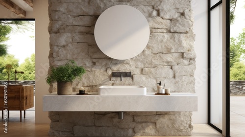 Minimalistic bathroom featuring a natural stone