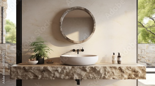 Minimalistic bathroom featuring a natural stone