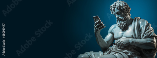 beautiful ancient Greek god sculpture using a modern phone. pop art style. blue background copy space photo