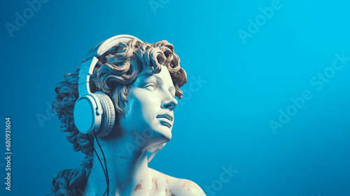 beautiful ancient Greek godess sculpture using a modern headphones. pop art style. blue background photo