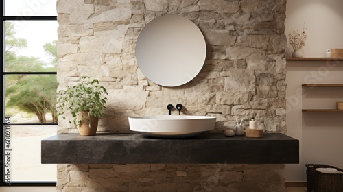 Minimalistic bathroom featuring a natural stone