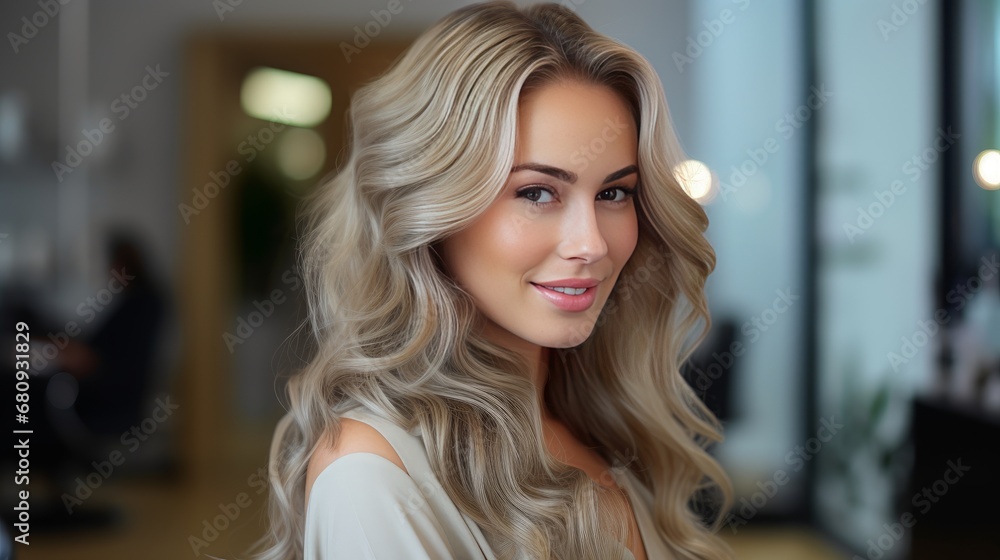Stylish young woman with wavy blonde hair at a salon, representing beauty, fashion, and hairdressing expertise. Ai generated Stylish young woman with wavy blonde hair at a salon, representing beauty, fashion, and hairdressing expertise. Ai generated