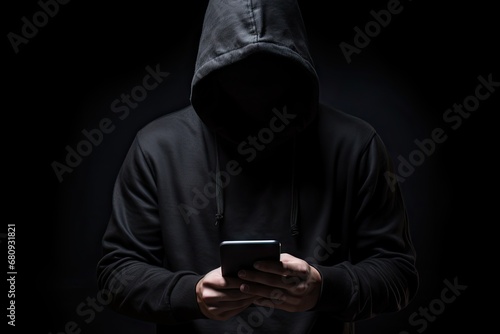 Hacker Using Smartphone, Men in Black Clothes Generative AI Illustration