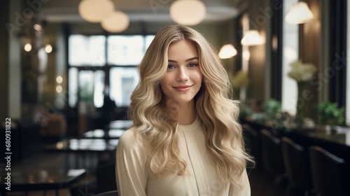 Stylish young woman with wavy blonde hair at a salon, representing beauty, fashion, and hairdressing expertise. Ai generated