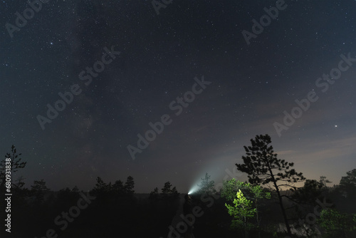 Night scene  a man with a headlamp in nature with a starry sky.