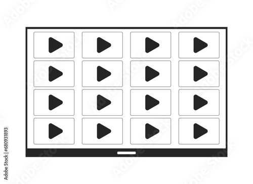 Television streaming video on demand black and white 2D line cartoon object. Watching series on tv isolated vector outline item. Home theatre device. TV service monochromatic flat spot illustration