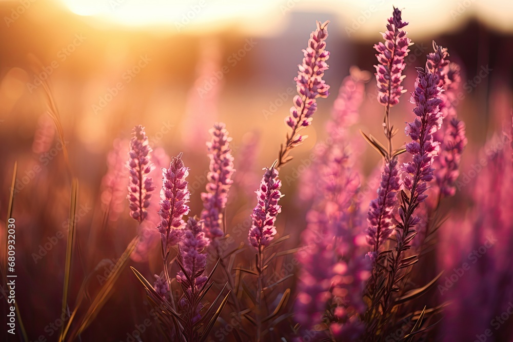 Obraz premium Flowering Heather Plant, Erica Flower Field, Gardener Heather, Idyllic Moorland Pattern