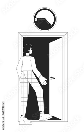 Refusing to work overtime black and white 2D illustration concept. Gen z woman avoiding working longer hours cartoon outline character isolated on white. Workday end metaphor monochrome vector art