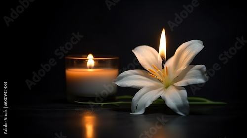 Candle and jasmine flowers on a dark background with copy space