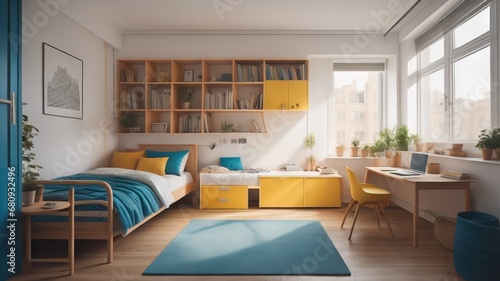 Bright youth dorm room with typical decoration and furniture 