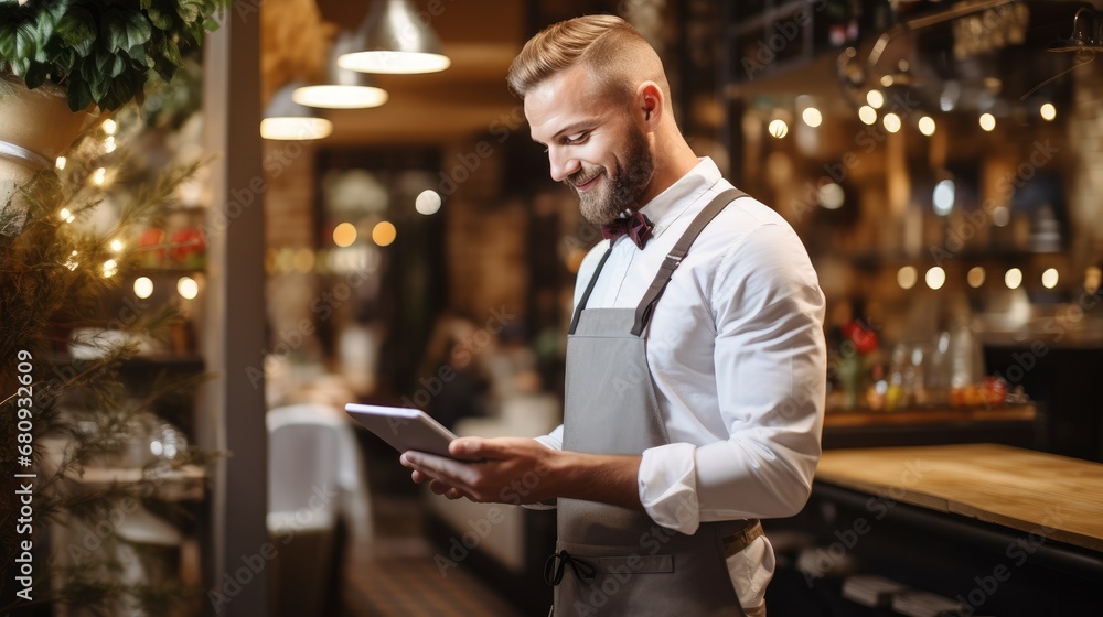 Attentive manager restaurant with tablet in a cozy restaurant setting, showcasing efficient service and modern hospitality. Ai generated Attentive manager restaurant with tablet in a cozy restaurant setting, showcasing efficient service and modern hospitality. Ai generated