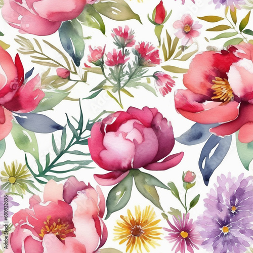 Seamless pattern with bright flowers on a white background in watercolor style for design.