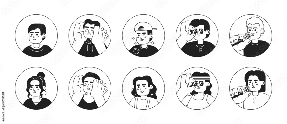 Modern latino people black and white 2D vector avatars illustration set. Stylish latin american outline cartoon character faces isolated. Joyful happy flat users profile images collection, portraits Modern latino people black and white 2D vector avatars illustration set. Stylish latin american outline cartoon character faces isolated. Joyful happy flat users profile images collection, portraits