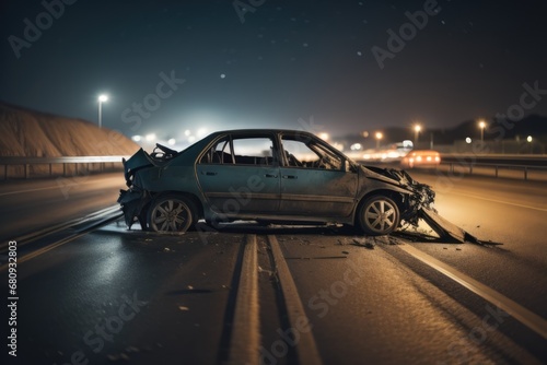  Car crash dangerous accident on the road at night. copy space photo