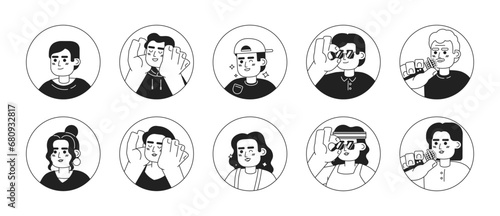 Modern latino people black and white 2D vector avatars illustration set. Stylish latin american outline cartoon character faces isolated. Joyful happy flat users profile images collection, portraits