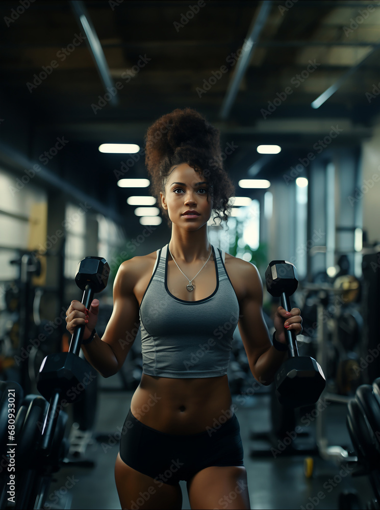 Fototapeta premium Beautiful young african american woman exercising with dumbbells in gym. ia generated