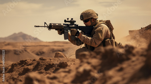 A soldier in the desert firing his gun