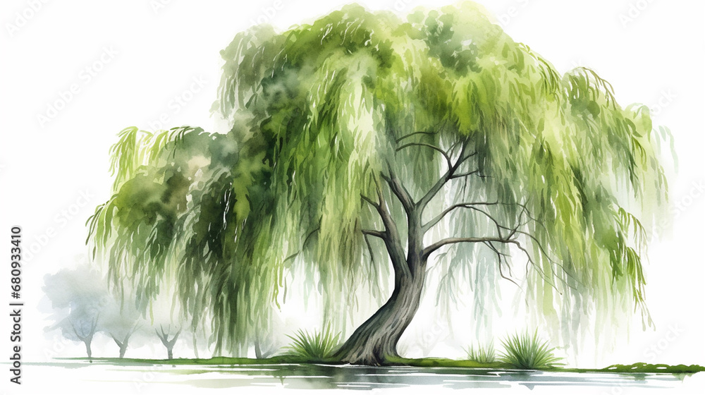 A watercolor painting of a willow tree in clipart style