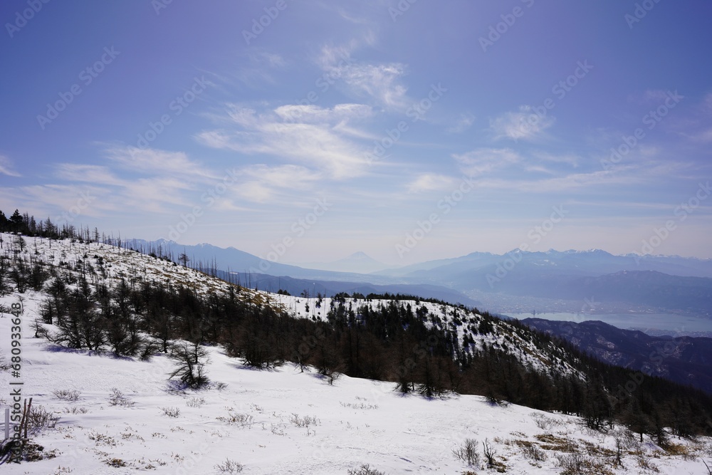 冬の鉢伏山から望む　八ヶ岳、富士山、南アルプスと諏訪湖