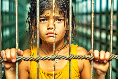 Sad young Latina in juvenile detention center. photo