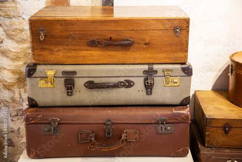 Vintage suitcases in an old museum, closeup 