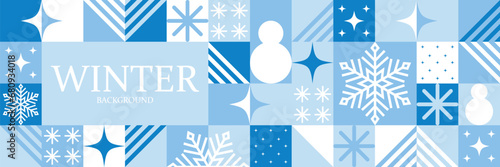 Geometric abstract blue background. Winter holiday season geometry wallpaper banner with place for text. Mosaic pattern template for design