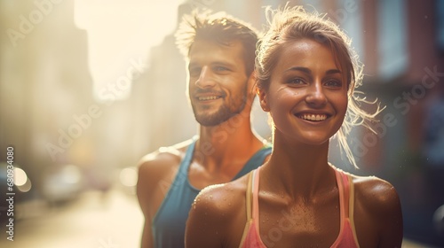 Happy athletic couple sharing a joyful moment post-workout  highlighting a lifestyle of fitness and wellbeing. Ai generated