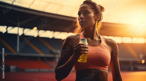 Determined female athlete holding a sports drink on the track field, with a backdrop of a sunset-lit stadium. Ai generated photo