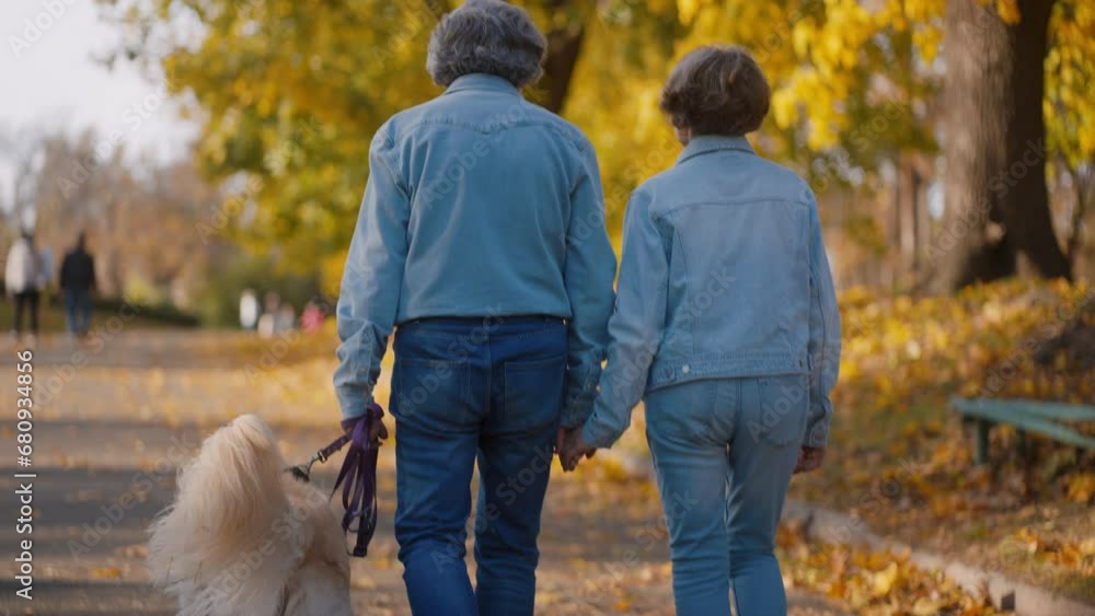 Mature pair with dog on leash talking during walk outside Mature pair with dog on leash talking during walk outside