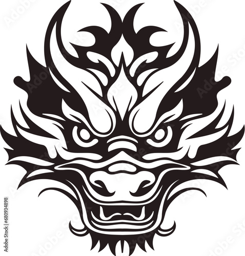 Dragon head front view logo. Simple shaped dragon stamp. Dragon with opened mouth and fangs. Asian culture symbol of a new 2024 year. Fantasy magic reptile predator. Dragon head for your design.