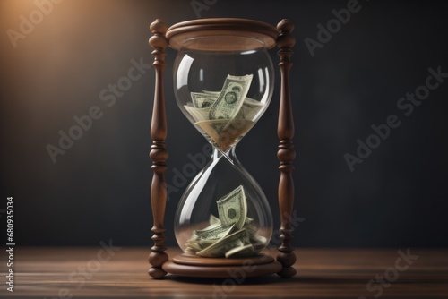Money in an hourglass. The concept of the saying time is money