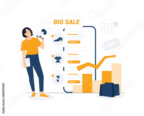 E commerce, purchase, shopping, online store, discount, product review. Happy young fashionable woman carrying shopping bags holding mobile smart phone concept illustration