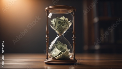 Money in an hourglass. The concept of the saying time is money