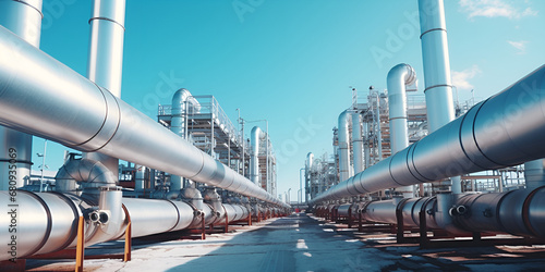 Industry pipeline transport petrochemical, gas and oil processing, equipment steel pipes plant Industrial stainless steel pipeline AI Generative 
