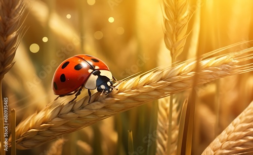 Ladybird on a spike of grain, beautiful natural background.