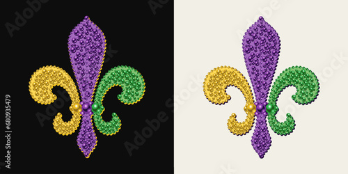 Fleur de Lis symbol made with mosaic of beads. Illustration for Mardi Gras carnival. Royal French heraldry symbol.