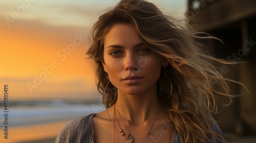 model at the beach, sunset