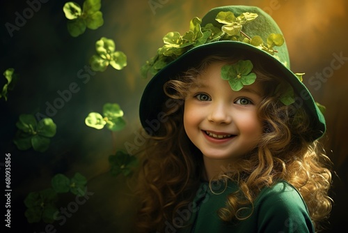 Portrait of a beautiful little girl in a green hat.St. Patrick's Day Concept