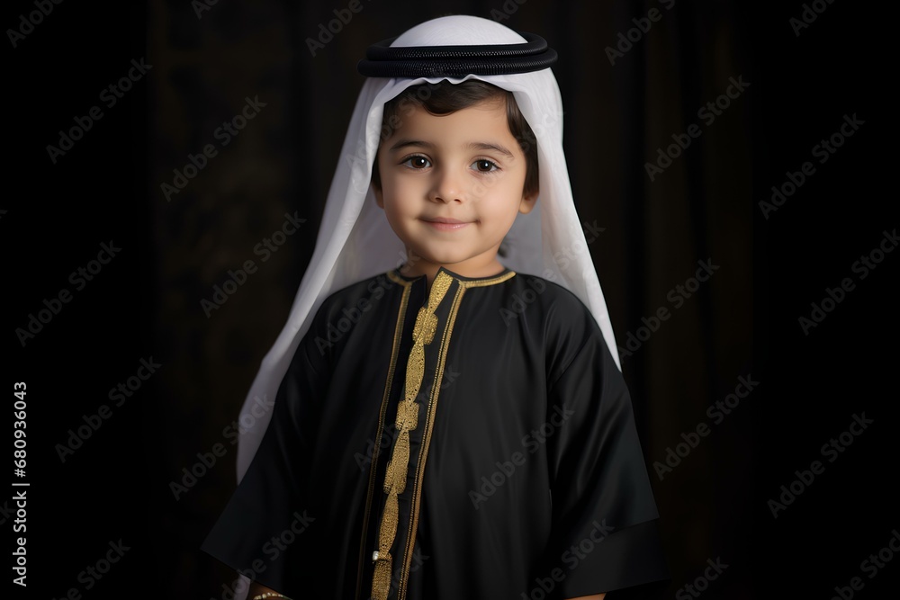 A baby wearing Arabic clothes/ Bisht/ Ghutra and egal/ Thobe. 