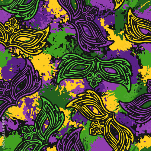 Seamless abstract Mardi Gras pattern with masquerade masks, paint splatter, stains, blots, smudge of paint. Flat grunge style.