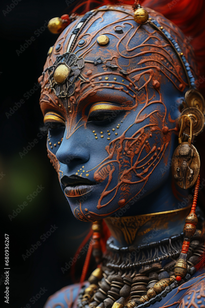 Tribal woman with tattoos and jewelry, noble and beautiful.