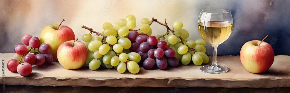 Still Life Composition with Fresh Grapes, Ripe Apples, and Red Wine in Elegant Glasses Against a Colorful Watercolor Backdrop Perfect for Culinary and Lifestyle Themes Still Life Composition with Fresh Grapes, Ripe Apples, and Red Wine in Elegant Glasses Against a Colorful Watercolor Backdrop Perfect for Culinary and Lifestyle Themes