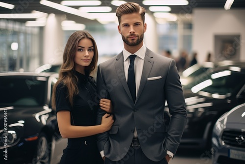 Trading dealership Concept. A young family buys a new car in the auto salon. Husband and wife choose a car. A couple of businessmen. Generative AI.