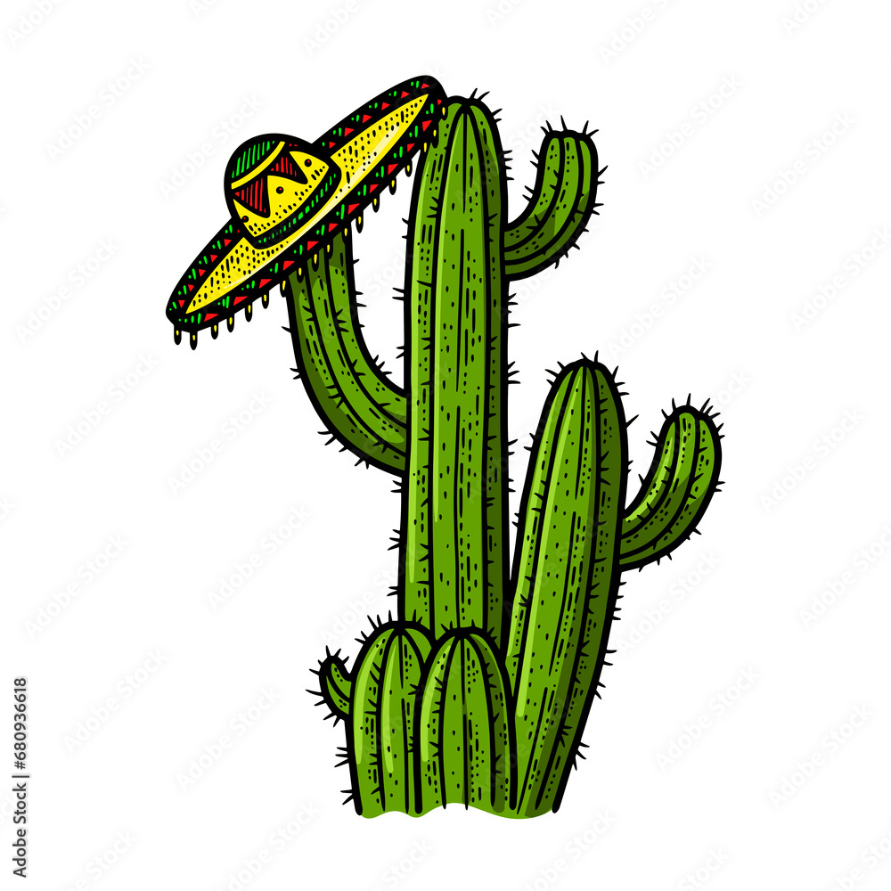 sombrero mexican hat on cactus plant sketch color hand drawn engraving raster illustration. T-shirt apparel print design. Scratch board imitation. Black and white hand drawn image. sombrero mexican hat on cactus plant sketch color hand drawn engraving raster illustration. T-shirt apparel print design. Scratch board imitation. Black and white hand drawn image.