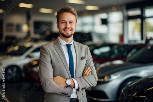 Professional car salesman in luxury showroom. Expensive car dealer business. Automotive industry. Auto dealership office. Male employee in a suit. Generative AI. © Nikolai