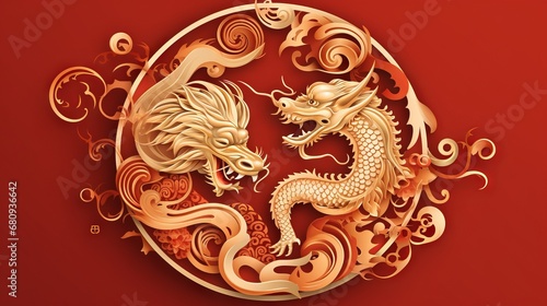 Traditional chinese Dragon gold zodiac sign yin yang isolated on red background for card design print media or festival. China lunar calendar animal happy new year. Vector Illustration.