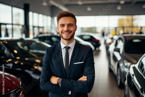 Professional car salesman in luxury showroom. Expensive car dealer business. Automotive industry. Auto dealership office. Male employee in a suit. Generative AI. photo