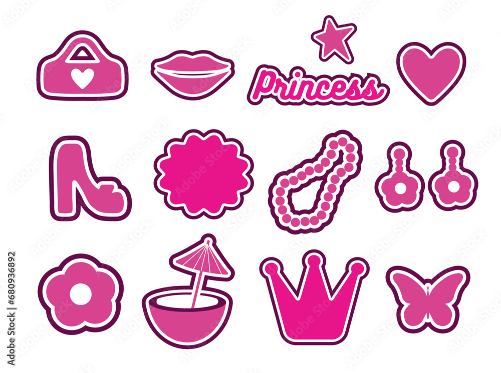 Popular pink collection for girls. heart, daisy, shoe, butterfly, star. logo, sticker, isolated elements on a white background. for print, banner, postcard. art vector illustration. barbie style