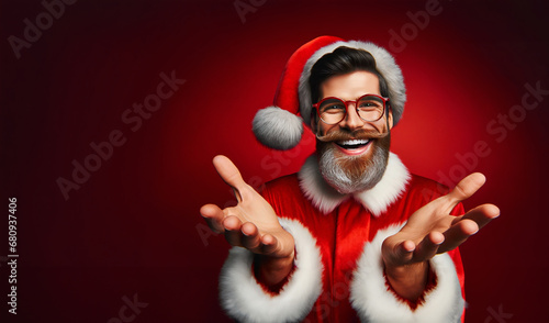 Smiling young hipster caucasian man Santa Claus man with open hands offering. Advertisement red banner background copy space. Advertising poster for discount sales promotions